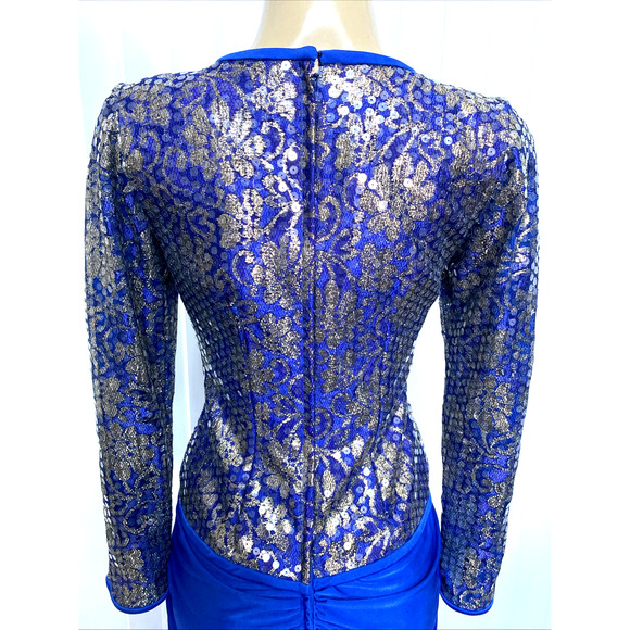 Vintage Tadashi Dress Blue Gold Sequin Long Sleeve V Neck Embellished Ru… - Picture 3 of 10